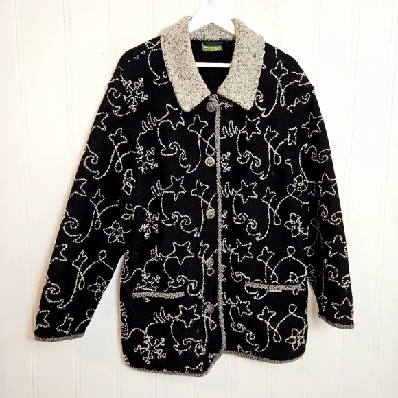 Vintage Geiger Collections Black Wool Coat Austrian Tailored Embroidery Size 40 - Picture 2 of 16